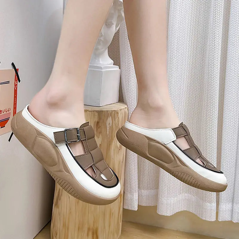 Thick-soled Closed-toe Slippers Summer Outdoor Garden Hollow Buckle Slide Sandals Casual Beach Shoes