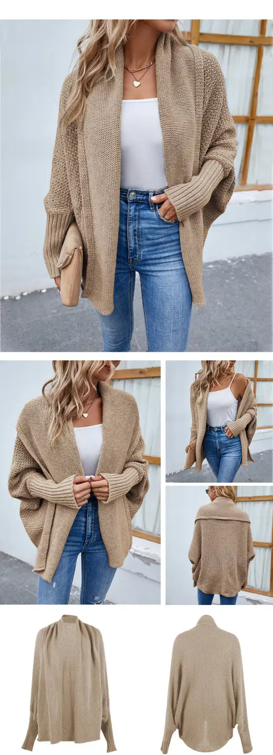 New Loose Knitted Sweater Solid Color Bat Sleeve Large Lapel Cardigan Autumn And Winter Fashion Jacket For Women
