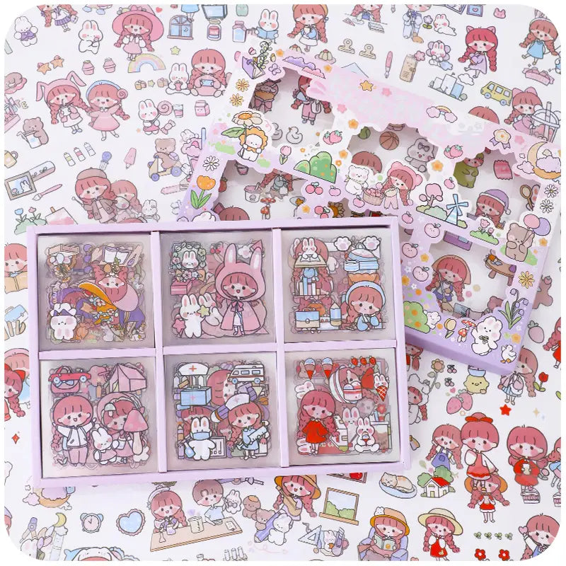 Cute cartoon sticker set in Waterproof Transparent 100 Sheets Sticker Set packaging.
