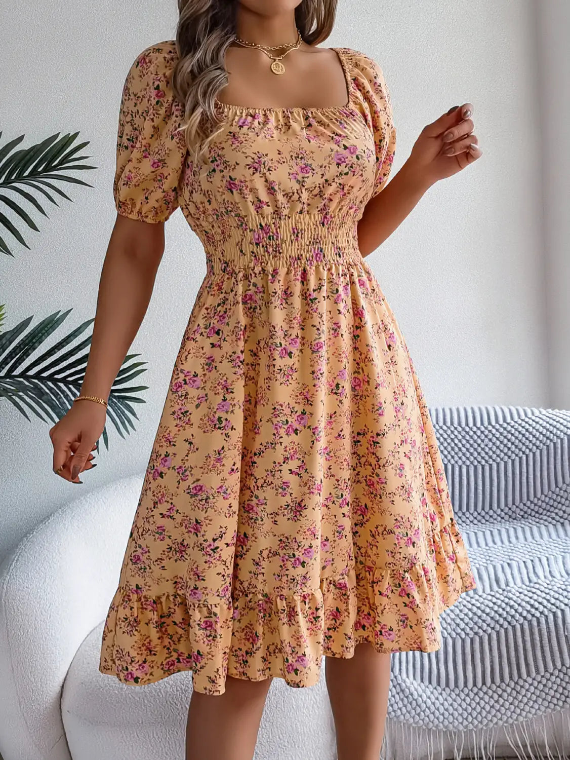 Floral Print Square Collar Dress Summer Fashion Ruffles Dresses Women’s Clothing