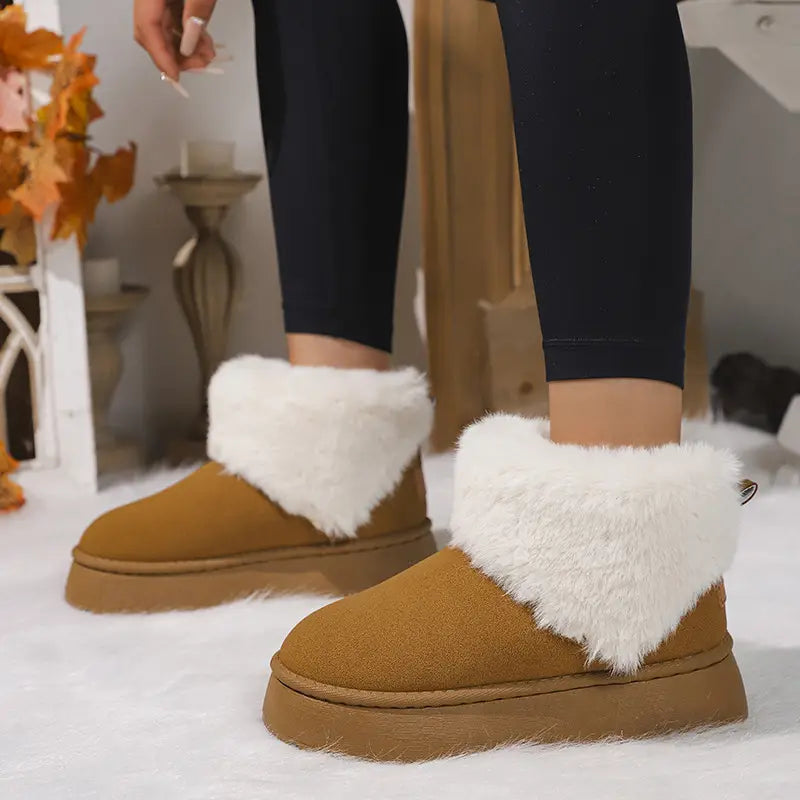 Winter Plush Snow Boots Fashion Round Toe Flat Thickened Suede Cotton Shoes For Women Casual Warm Short Boot
