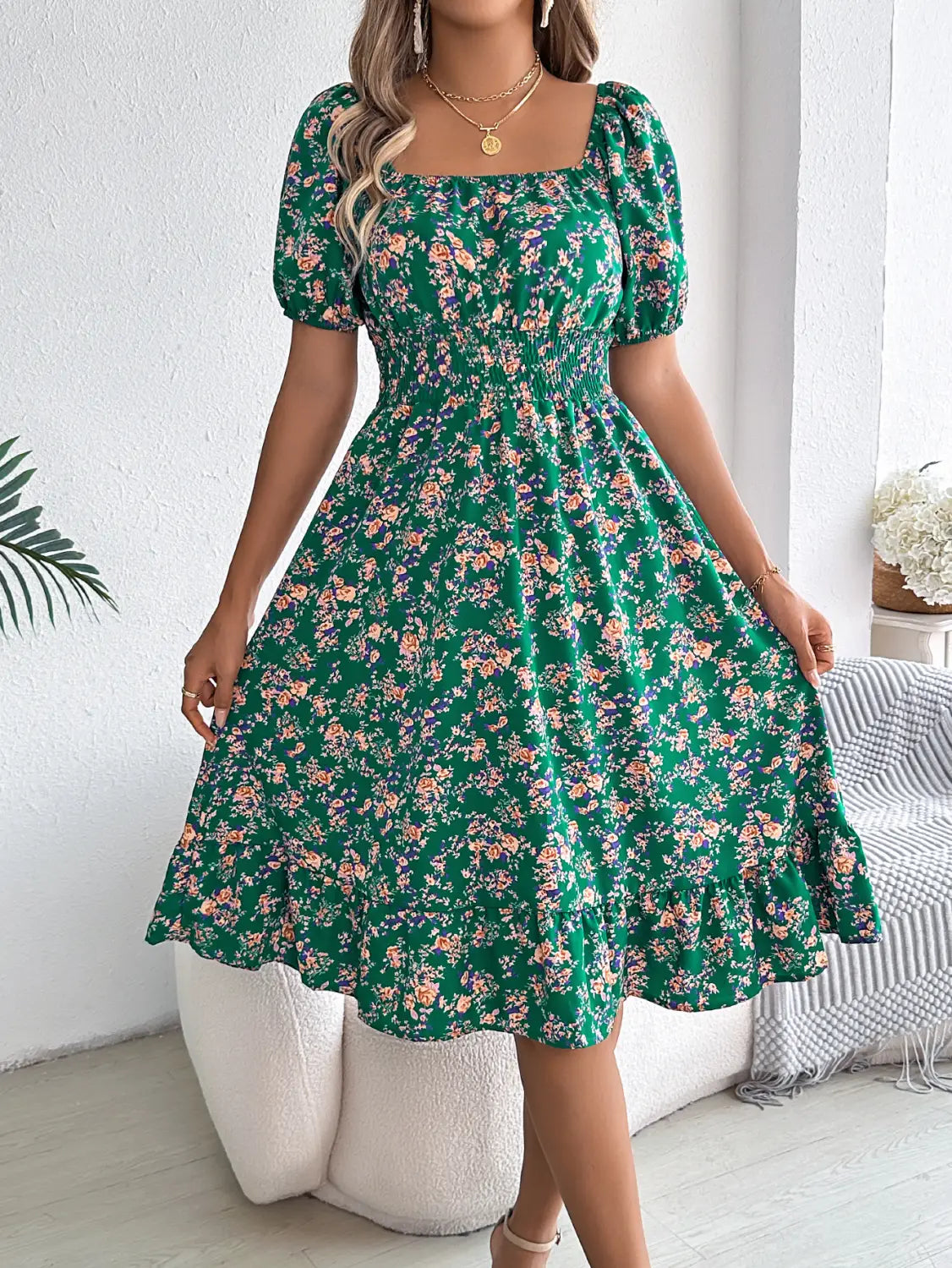Floral Print Square Collar Dress Summer Fashion Ruffles Dresses Women’s Clothing