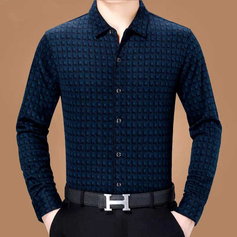 Middle-Aged Spring New Business Casual Plaid Long-Sleeved Shirt For Men
