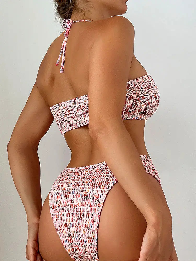 Summer Flowers Print Pleated Design Bikini Set Beach Fashion Halter Neck Swimsuit Womens Clothing