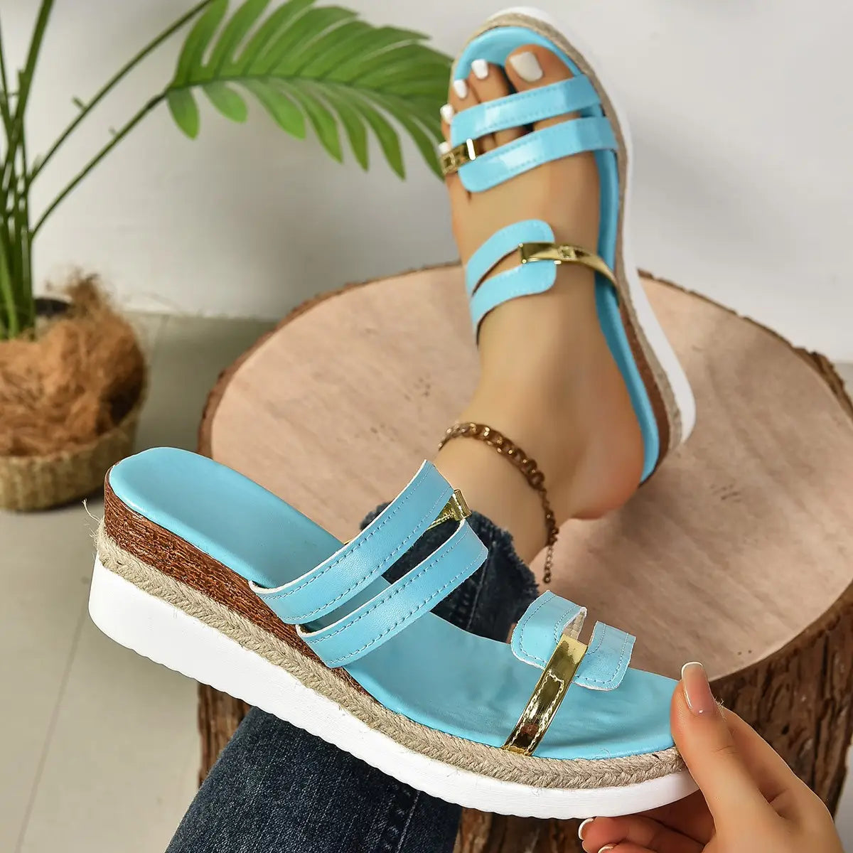 Colorblock-strap Wedges Sandals Summer Fashion Hemp Heel Slides Slippers Outdoor Thick Bottom Fish Mouth Shoes For Women