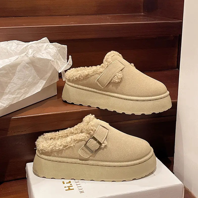 New Luxury Winter Women’s Shoes Plush Fashion Retro Bean Shoes Cotton Women’s Flat Sole Slippers Platform Women Boots