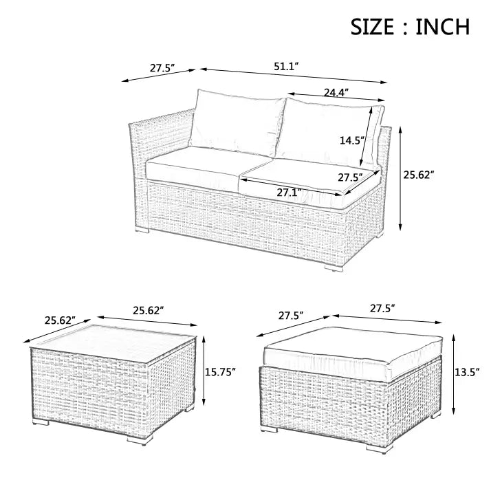 4 Set Wicker Furniture With Tempered Glass Coffee Table