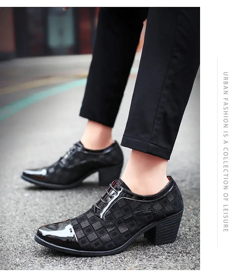 Thick Heel Pointy Toe Leather Shoes For Men