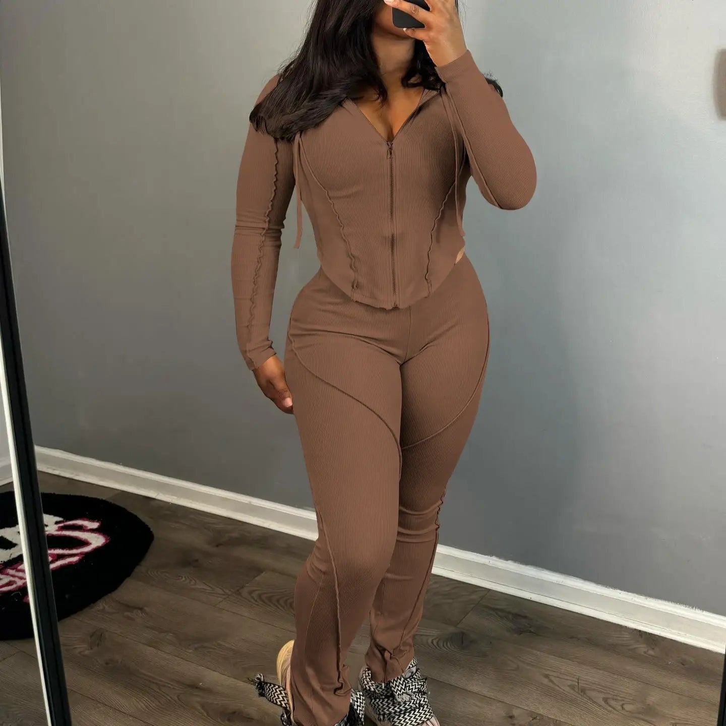 Women’s Fashion Threaded Hooded Two-piece Set