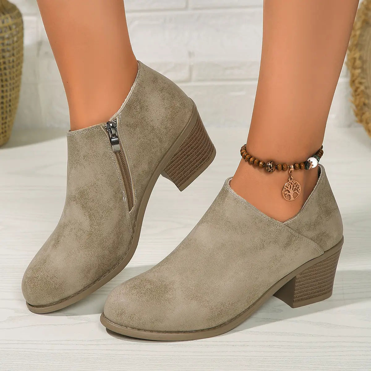 Chunky Heel Round Toe Ankle Boots With Side Zipper Design Fashion Fall Winter Short Boots For Women Shoes