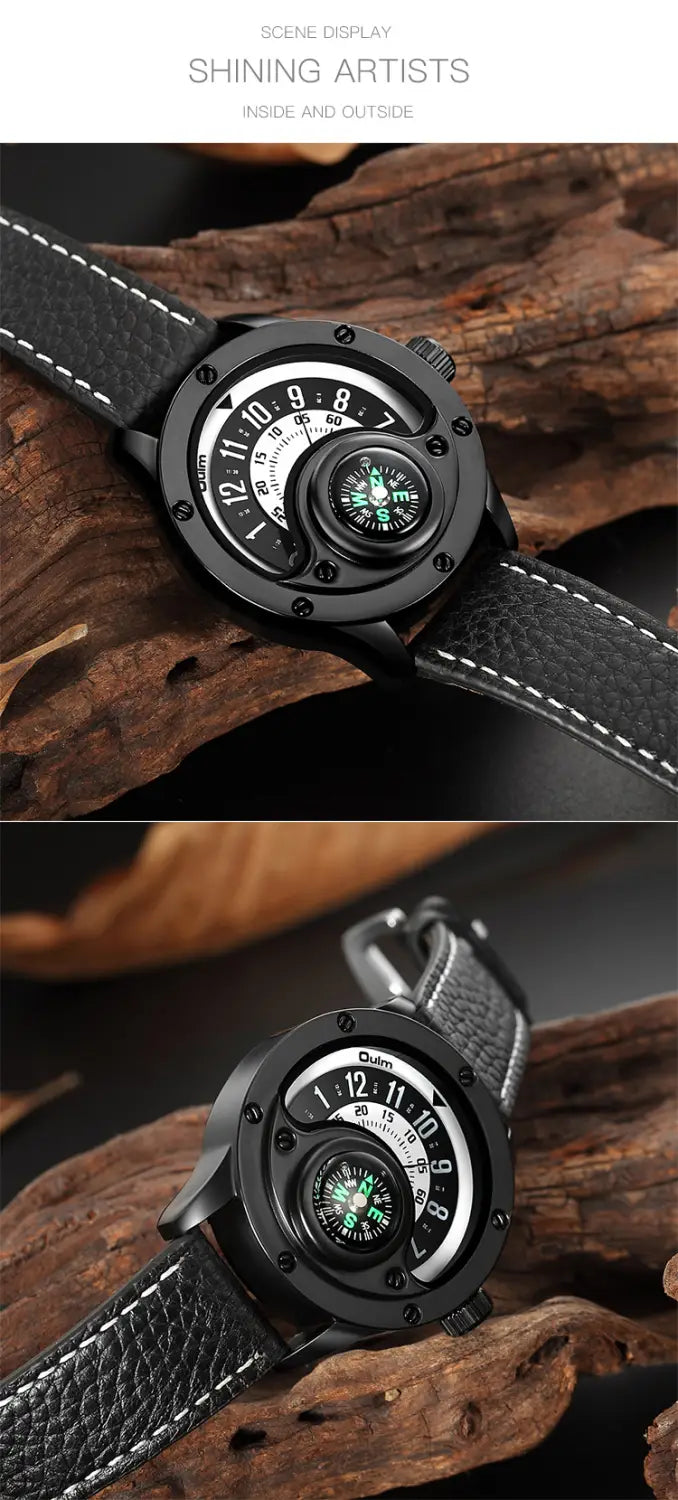 New Sport Watches Men Decorative Compass Unique Design Male Quartz Clock Men’s Leather Strap Casual Wrist Watch