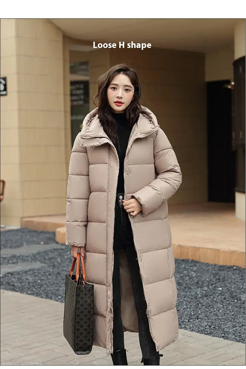 Women’s Super Long Down Jacket Winter Puffer Thick Coat Black Red Hooded Zipper Keep Warm Fall Winter Casual Clothes