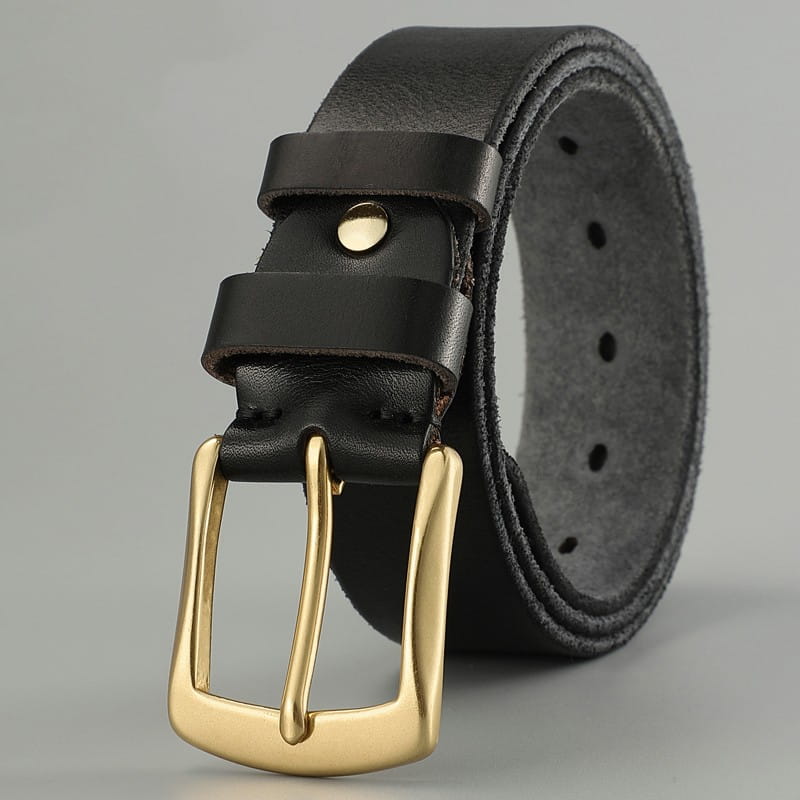 Black leather belt with gold buckle in Handmade Casual Trend Men’s Belts Cowhide.