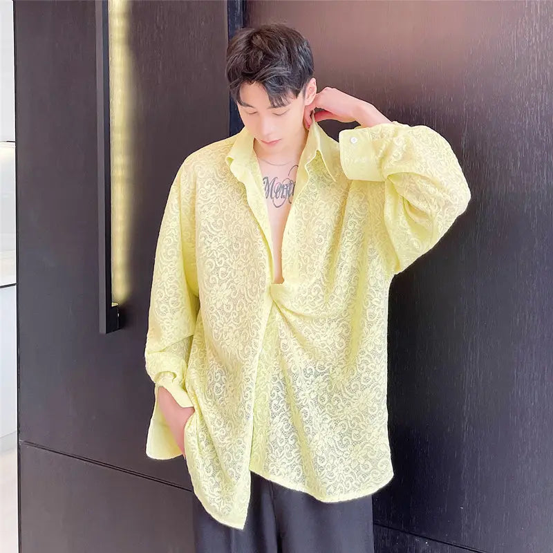 Men Transparent Embroidered Flowers Long-sleeved Shirt Sunscreen Tide