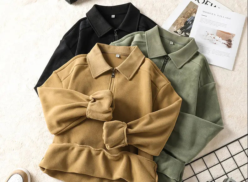 Fashion Lapel Half-zip Sweatshirt Winter Warm Fleece Long Sleeve Top Men’s Clothing