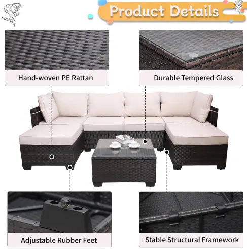 Outdoor Garden Patio Furniture 7Piece PE Rattan Wicker Cushioned Sofa
