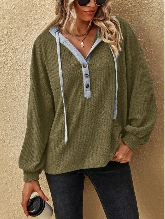 Casual Button Hooded Loose Long Sleeves Sweater For Women