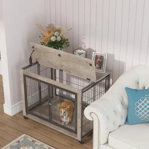 Furniture Style Dog Cage Side Table With Wheels