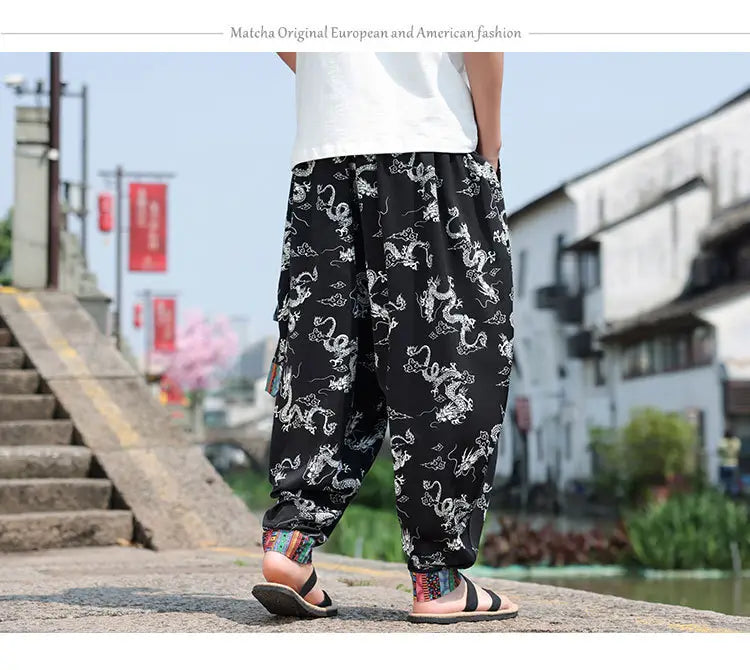 Men’s Plus Size Dragon Pattern Thin Chinese Trousers