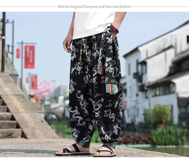 Men’s Plus Size Dragon Pattern Thin Chinese Trousers