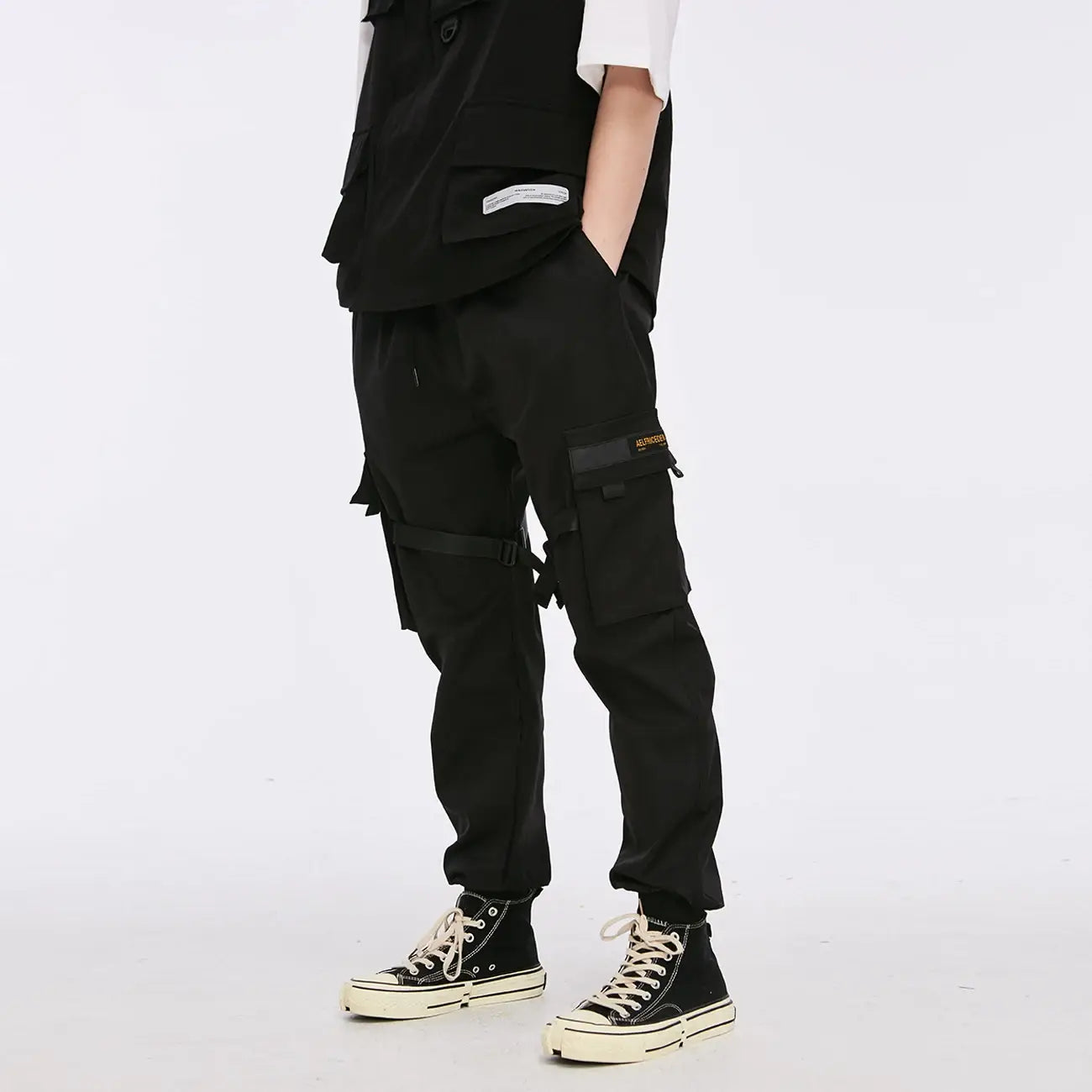 Ribbons Harem Joggers Men Cargo Pants Streetwear Hip Hop Casual Pockets Cotton Track Pants