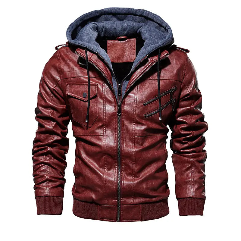 Men’s Leather Jacket Men’s PU Leather Hooded Leather Jacket
