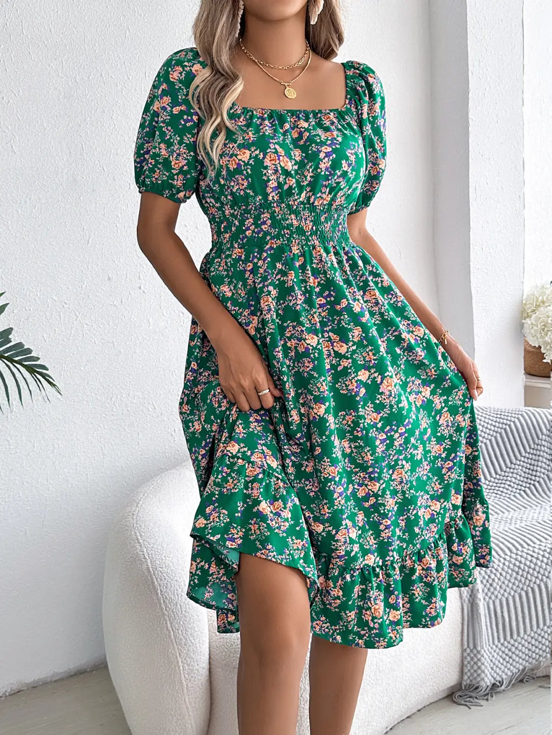 Floral Print Square Collar Dress Summer Fashion Ruffles Dresses Women’s Clothing