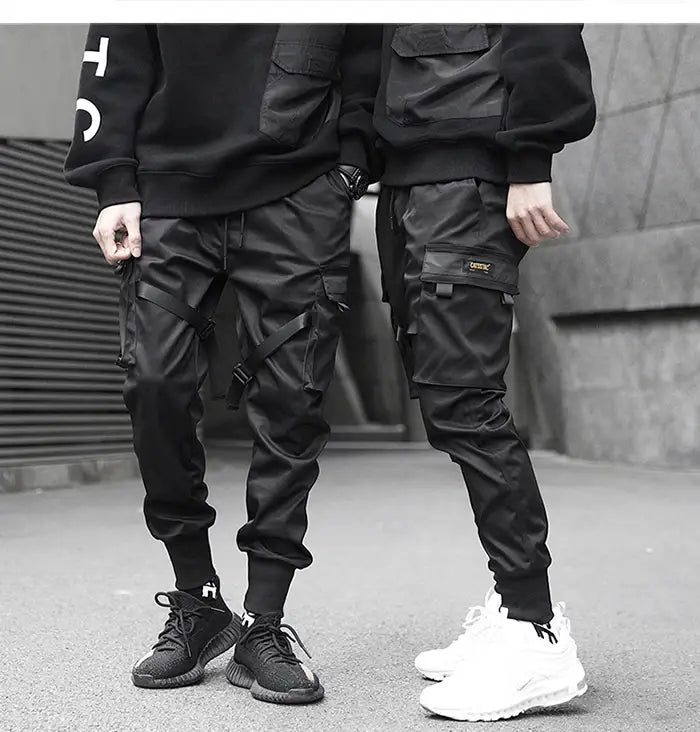 Ribbons Harem Joggers Men Cargo Pants Streetwear Hip Hop Casual Pockets Cotton Track Pants