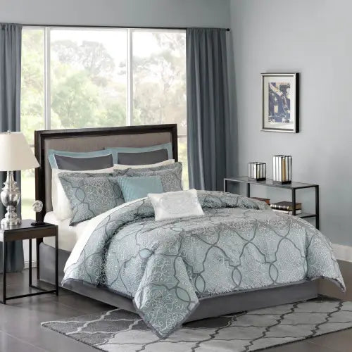 Comforter Set With Cotton Bed Sheets Blue Queen 12 piece