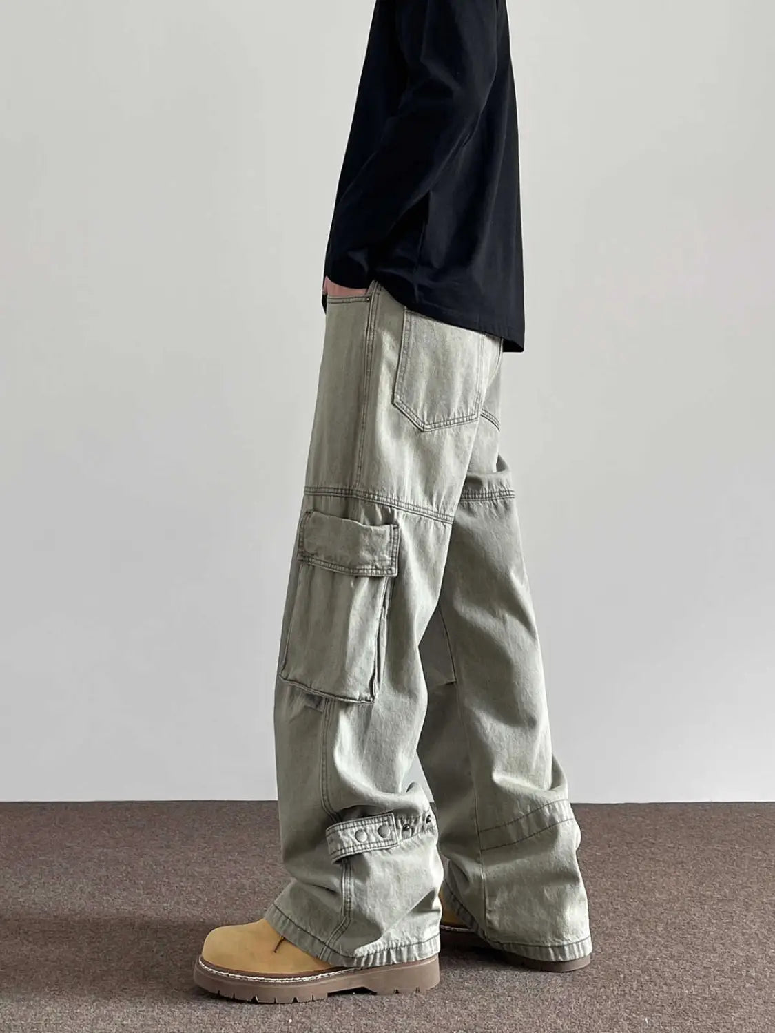 Large Pocket Denim Overalls Men’s Straight Flared Trousers