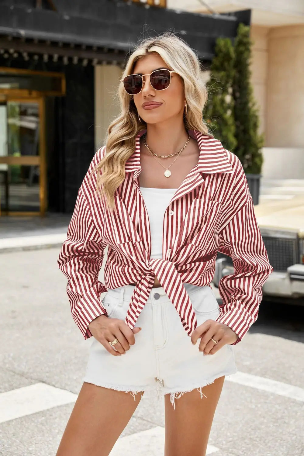 Fashion Striped Long Sleeve Shirt With Pockets Casual Loose Single-breasted Button Top Women Clothing