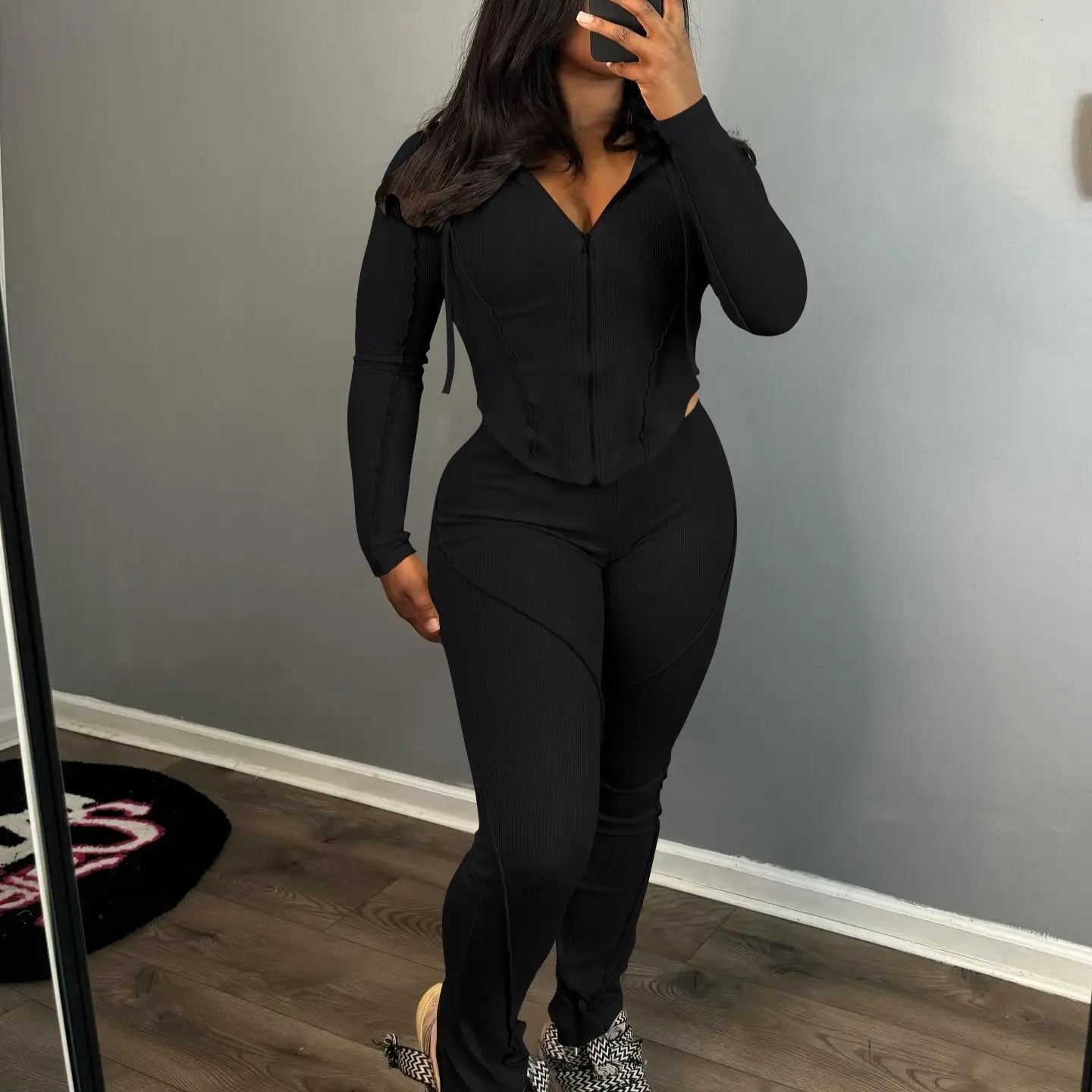 Women’s Fashion Threaded Hooded Two-piece Set