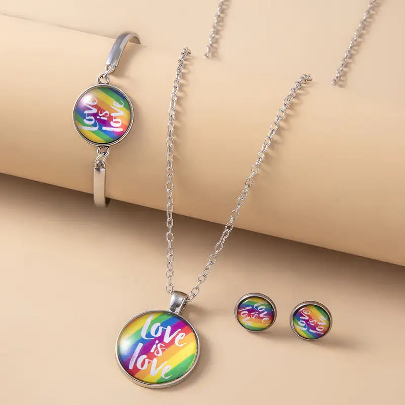 LGBT Pride Love Is Love Jewelry Set Rainbow Flag Glass Necklace Earrings Bracelets Lesbian Gay Bisexual Transgender