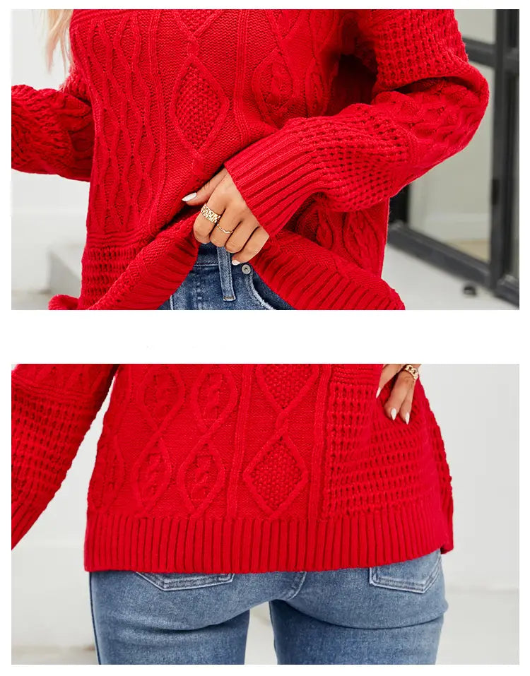 Casual Round-neck Pullover Sweater Fall Winter Solid Color Cable-knot Pattern Tops Women Clothing