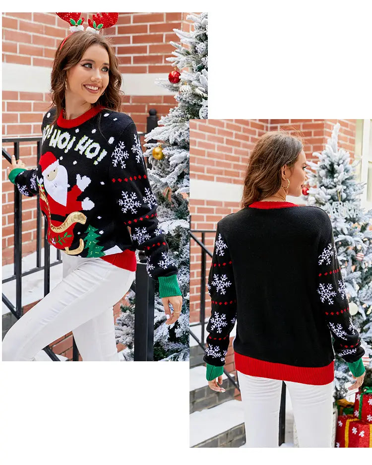 Knited Christmas Sweaters With Santa Claus Patterns Tops Winter Sweet Christmas Snowflake Pullovers For Women Clothes