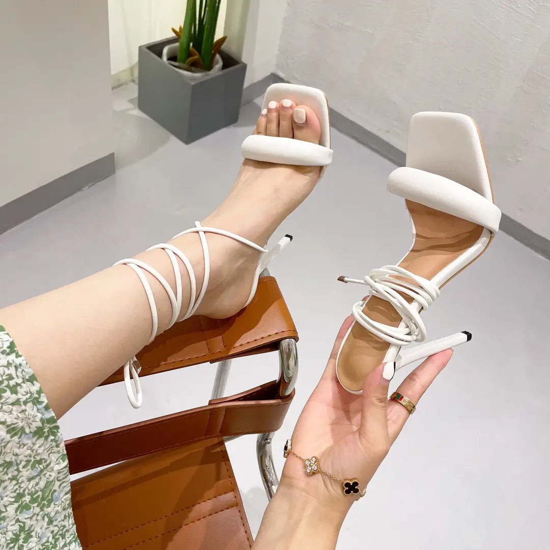 One Word Strap High Heels Square Toe Stiletto Strap Fashion Fashionable Women