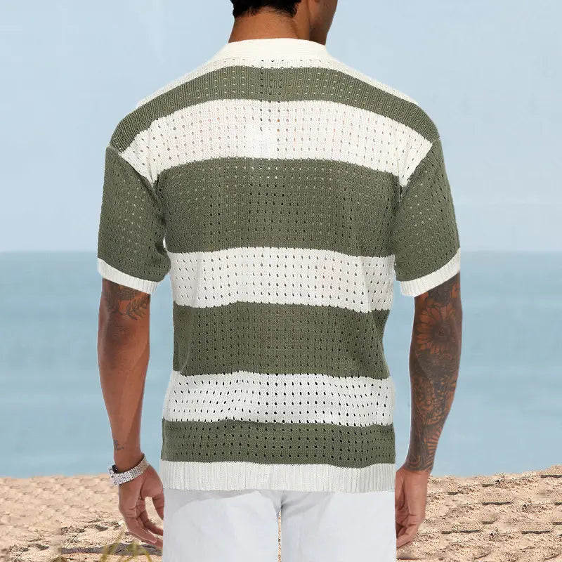 Men’s Cardigan Polo Collar Short Sleeve Color Matching Thin