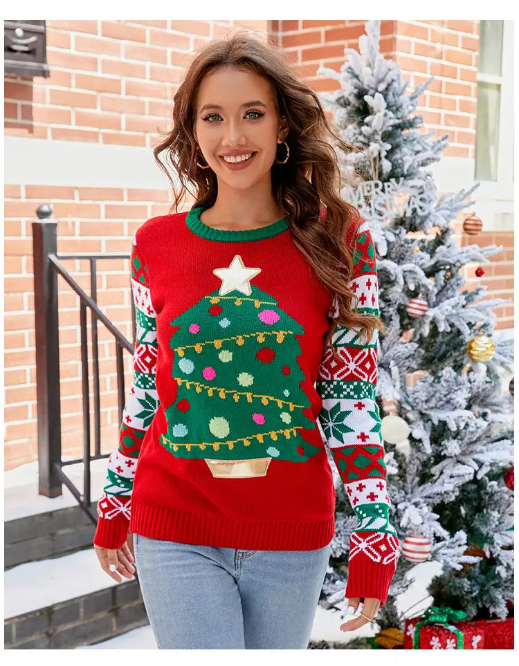 Women’s Christmas Sweater Reindeer Xmas Snowflake Christmas Tree Patterns Knitted Sweater Long Sleeve Elk Letter