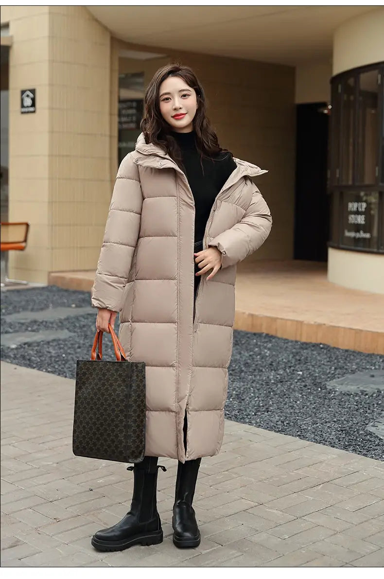 Women’s Super Long Down Jacket Winter Puffer Thick Coat Black Red Hooded Zipper Keep Warm Fall Winter Casual Clothes