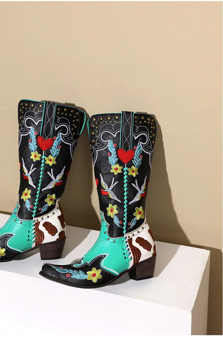 Denim Western Shoes Women’s Leather Boots Exquisite Embroidery