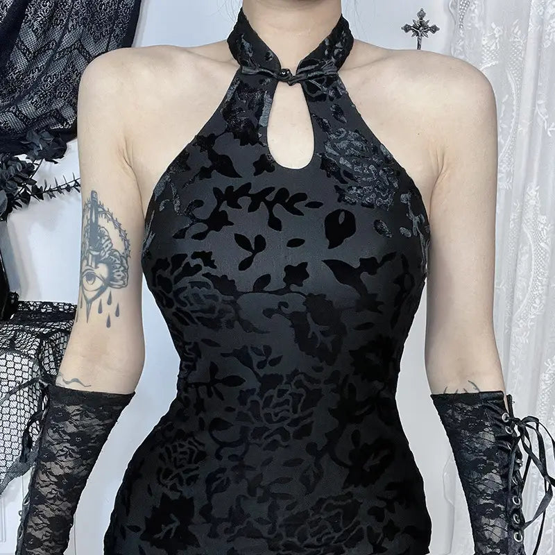 Flock Printing Slit Cheongsam Dress Women