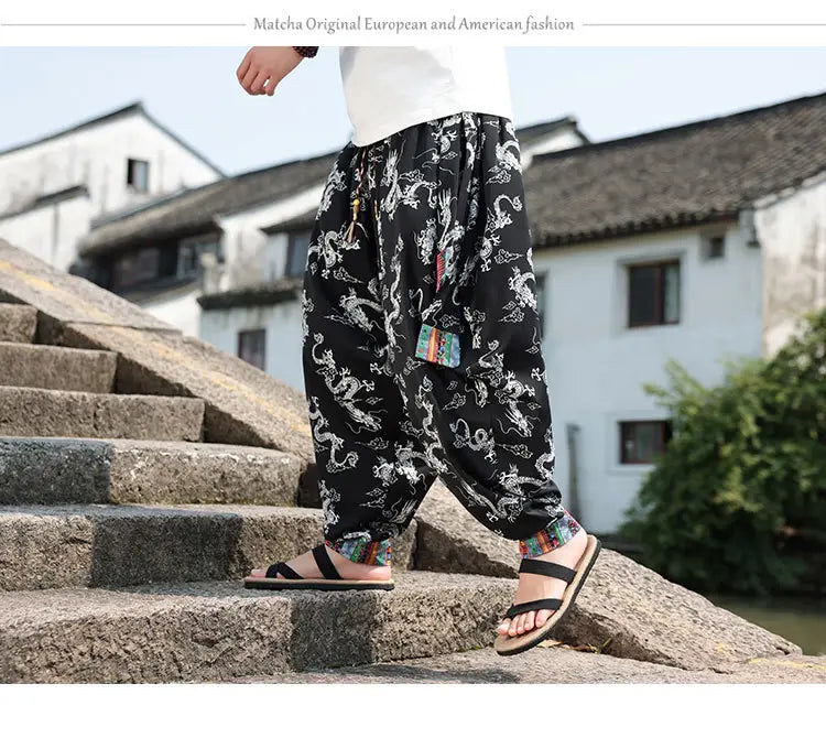 Men’s Plus Size Dragon Pattern Thin Chinese Trousers