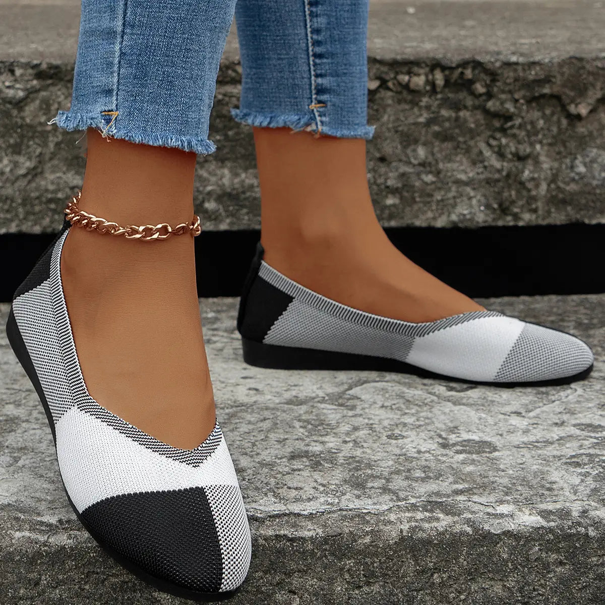 Fashion Colorblock Flats Shoes Flying Woven Breathable Cozy Loafers For Women