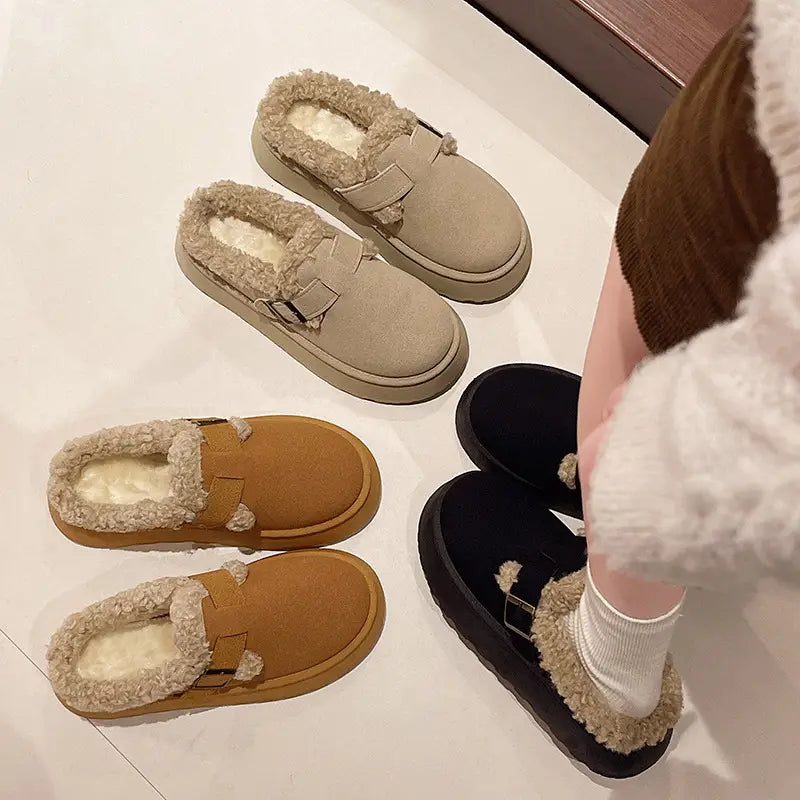New Luxury Winter Women’s Shoes Plush Fashion Retro Bean Shoes Cotton Women’s Flat Sole Slippers Platform Women Boots