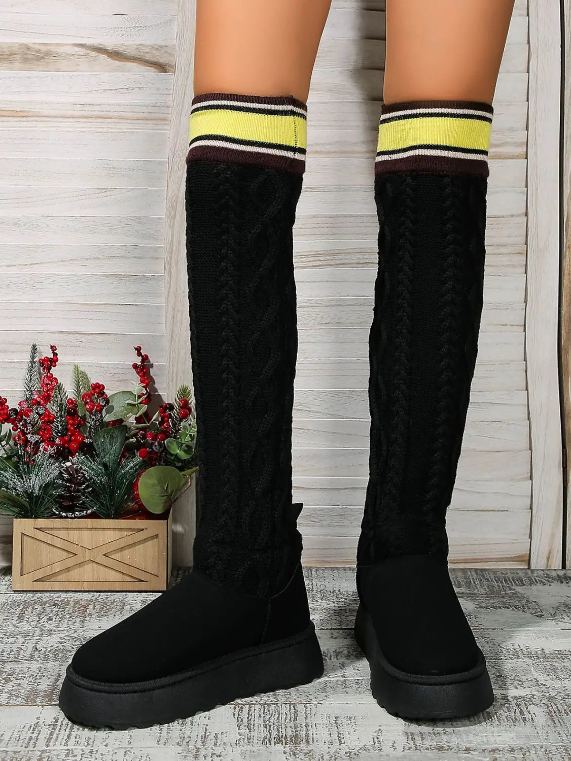 Winter Over-the-knee Boots With Long Knitted Sock Design Fashion Flat Thick-soled Shoes For Women Casual Warm Long Boot