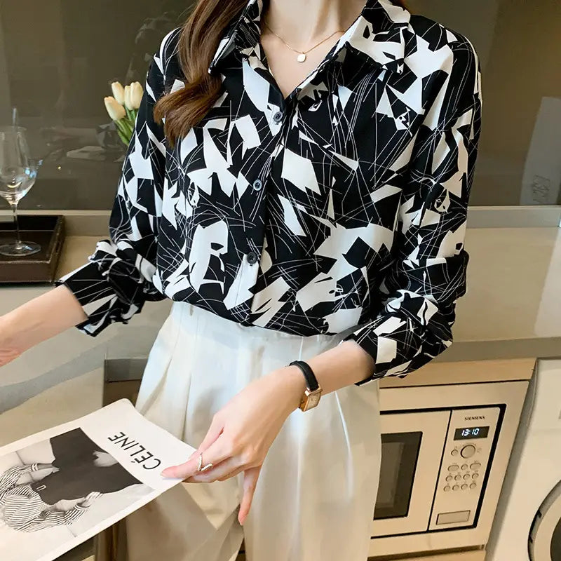 Fashion Women’s Square Collar Printed Long-sleeved Shirt
