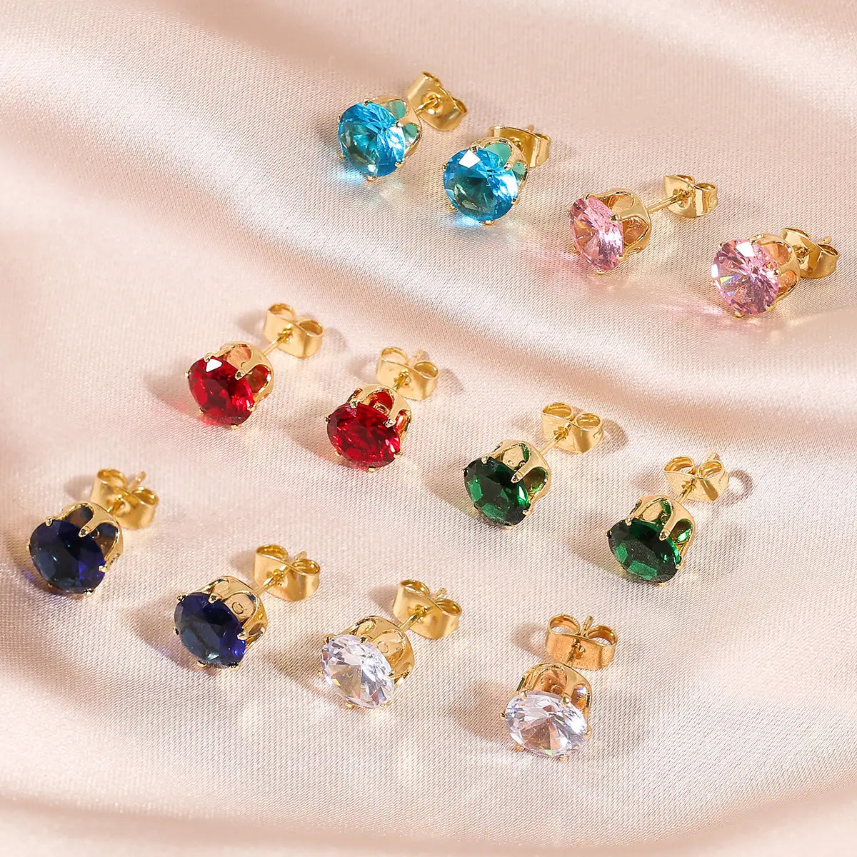 Colorful gemstone stud earrings in Women’s Fashion Simple Stainless Steel Zircon Earrings Set