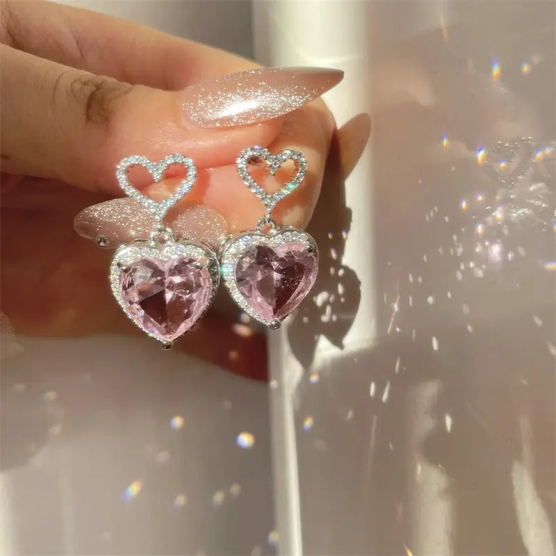 Light Luxury Premium Feeling Pink Crystal Heart Earrings For Women Girls Niche Design Earrings Birthday Jewellery Gift