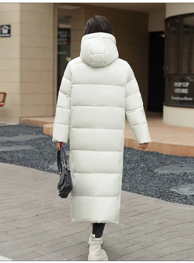 Women’s Super Long Down Jacket Winter Puffer Thick Coat Black Red Hooded Zipper Keep Warm Fall Winter Casual Clothes