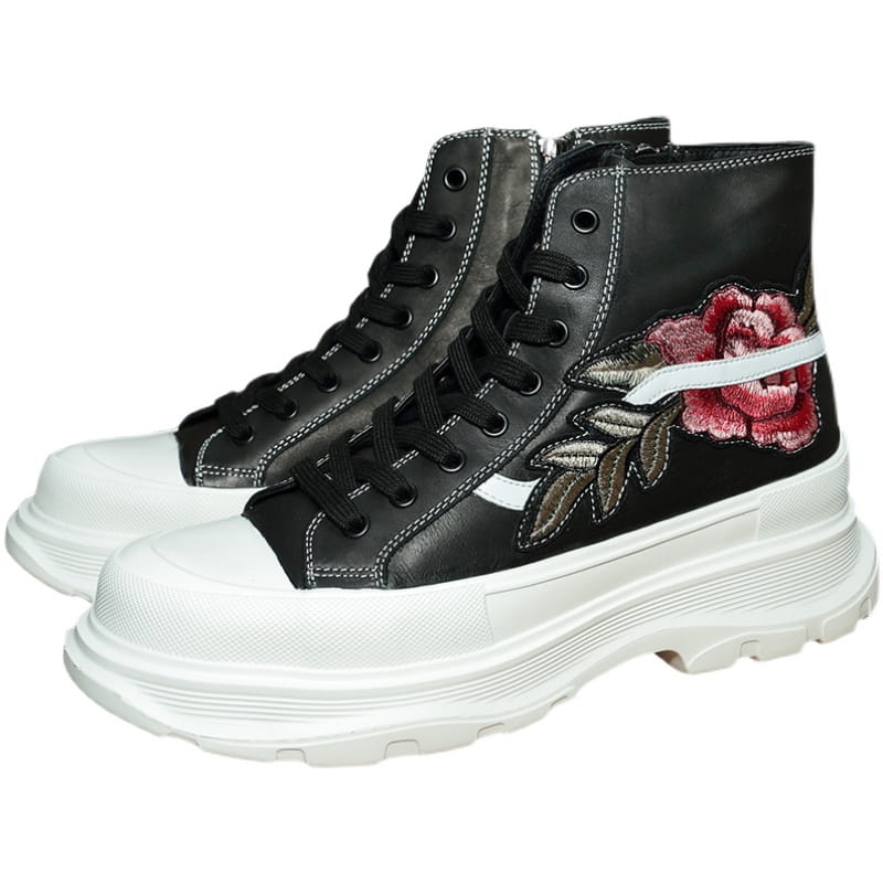 Personalized Embroidered High-top Shoes Men’s Leather Zipper Lace High-top Sneakers